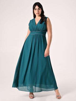 Long Curvy Dress in Royal Green with Rhinestone Piping