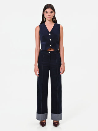 Pantalon bleu marine en velours avec surpiqûres contrastées Giorgia Palmas X Rinascimento