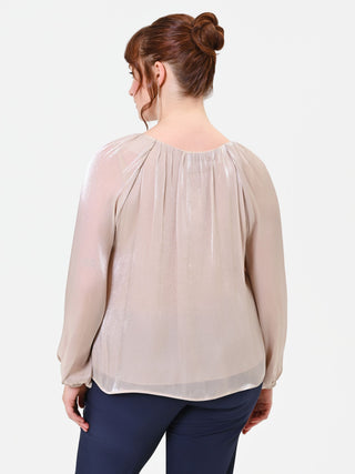 Blusa Curvy  in raso tortora beige con dettaglio gioiello
