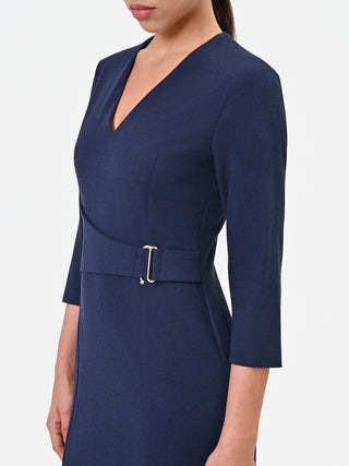 Navy Blue Viscose-Blend Crossover Sheath Dress