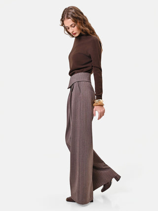Pantalone in misto viscosa marrone a palazzo con vita asimmetrica