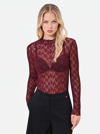 T-shirt in pizzo bordeaux rosso
