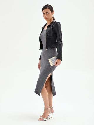 Medium grey knit dress with side slits