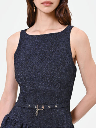 Abito blu navy jacquard con gonna ampia