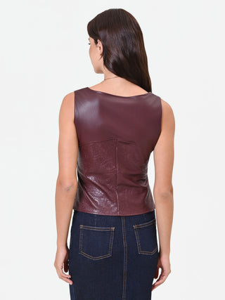 Top bordeaux rosso in similpelle con disegno paisley