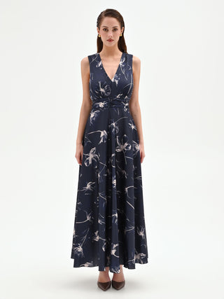 Abito lungo blu navy con stampa floreale