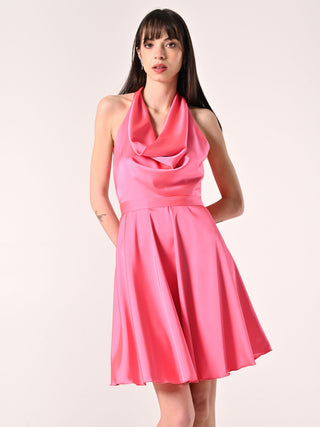 Short Dress in Camellia Pink Satin