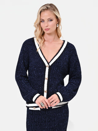 Navy Blue Knit Cardigan with Contrast Trim