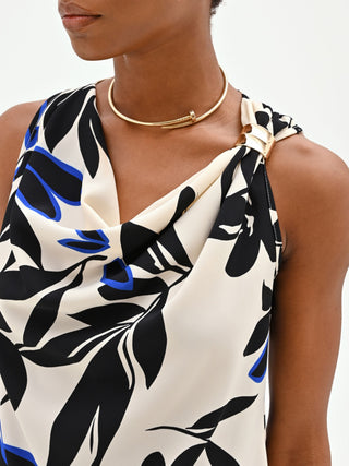 China Blue Abstract Print Asymmetric Top