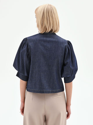 Camicia con maniche a sbuffo in denim blu scuro