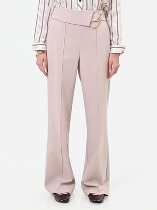 High-Waisted Taupe Beige Trousers with Chain Detail