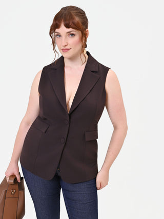 Curvy Dark Brown Technical Fabric Gilet with Lapels