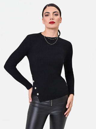 Black Asymmetrical Viscose Top with Buttons