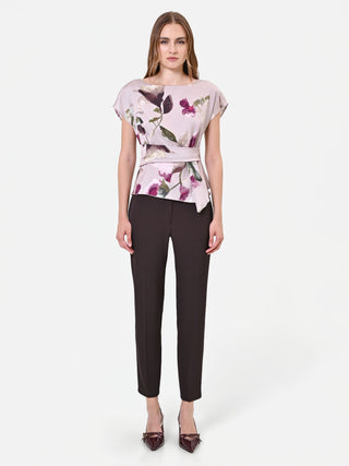 Blusa in raso tortora beige con stampa floreale