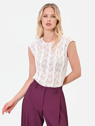 T-shirt in pizzo panna bianco con dettagli plissé