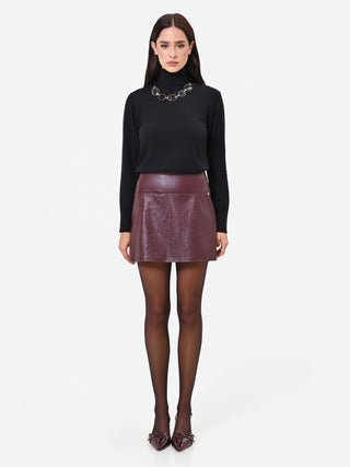 Burgundy Paisley Faux-Leather Miniskirt