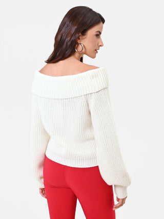 Maglia in lana bianco panna con scollo a barchetta