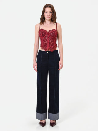 Top bustier bordeaux in pizzo floreale