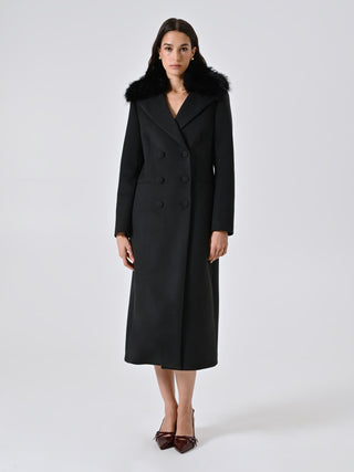 Maxi Cappotto Nero misto Viscosa con Collo effetto Pelliccia