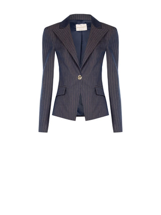 Giacca blu gessata con bottone gioiello