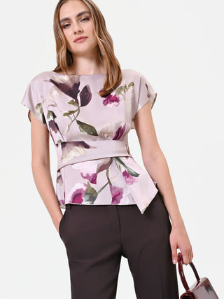 Blusa in raso tortora beige con stampa floreale