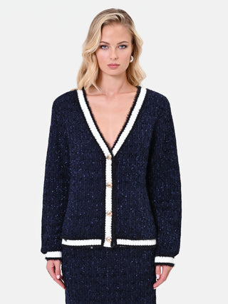 Navy Blue Knit Cardigan with Contrast Trim