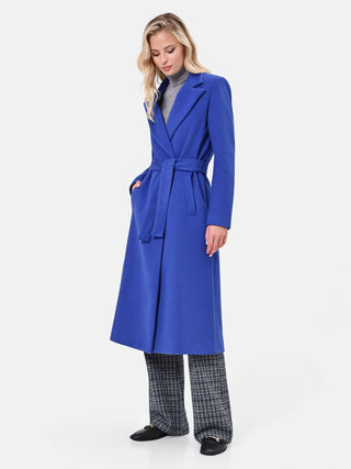 Cappotto a vestaglia blu cina con cintura in velour
