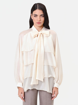 Ivory Lyocell Blouse with Ruffles and Bow