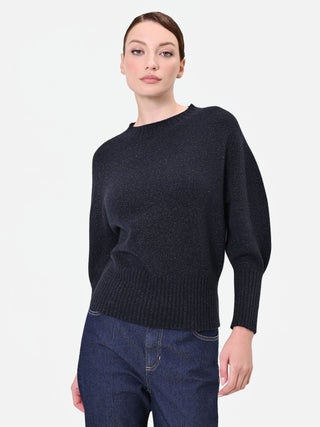 Maglia blu navy girocollo con filato luminoso in misto viscosa