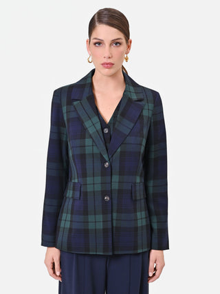 Chaqueta de botonadura sencilla en mezcla de viscosa azul con motivo tartán