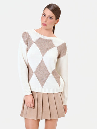 Cream-White Wool Sweater with Diamond Pattern