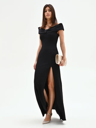 Schwarzes Maxikleid mit Drapé-Ausschnitt