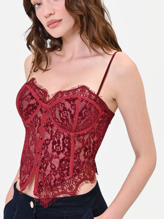 Top bustier bordeaux in pizzo floreale