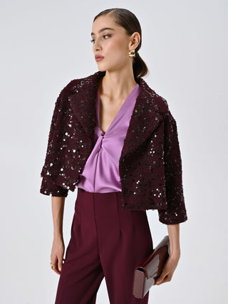 Short Coat in Burgundy Bouclé Fabric with Sequins