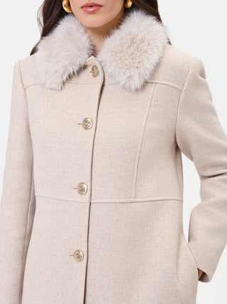 Beige Taupe Single-Breasted Coat with Faux Fur Collar