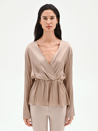 Blusa portafoglio tortora beige con arriccio