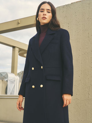 Cappotto lungo doppiopetto blu navy con bottoni dorati in panno misto lana