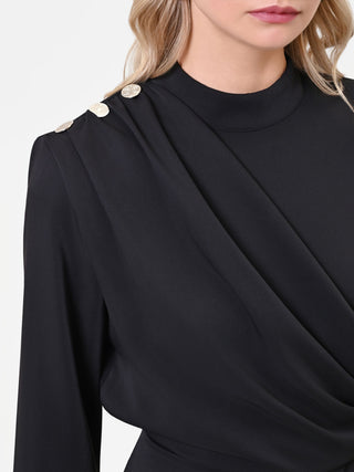 Abito tubino marrone con drappeggio asimmetrico