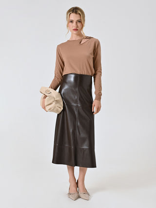 Jupe midi chocolat en simili cuir