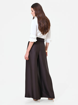 Pantalone palazzo moro marrone con cintura in raso