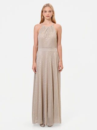 Abito lungo oro in georgette con scollo halter