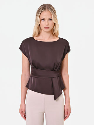 Blusa moro marrone in raso con dettaglio incrociato