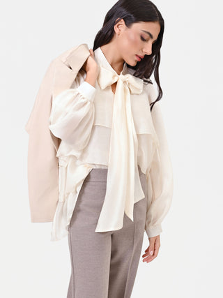 Ivory Lyocell Blouse with Ruffles and Bow