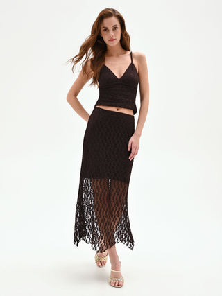 Gonna longuette in pizzo stretch cioccolato