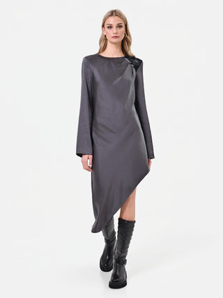 Charcoal grey asymmetrical midi dress with appliqué