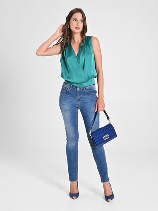 Crossover Top in Jade Green Satin