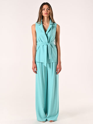 Aqua Green Waistcoat in Crinkled Viscose Blend with Belt