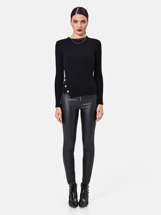 Black Asymmetrical Viscose Top with Buttons