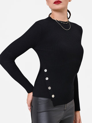 Black Asymmetrical Viscose Top with Buttons