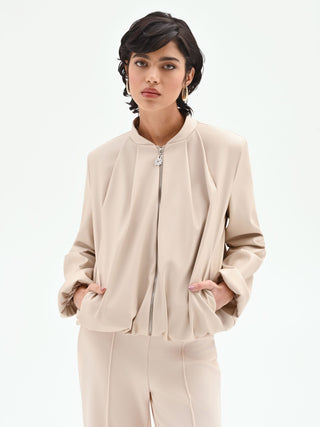 Bomber in similpelle tortora beige con maniche a palloncino